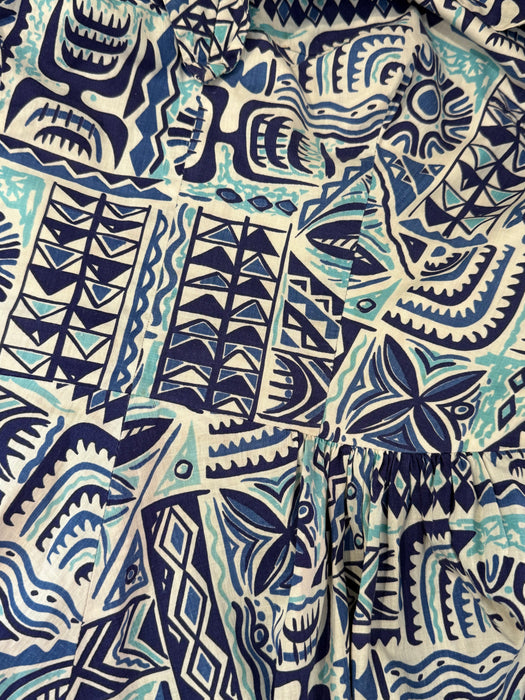 Beautiful Blue 1950's Hawaiian Cotton Halter Neck Dress In Shades of Blue / L AS-IS