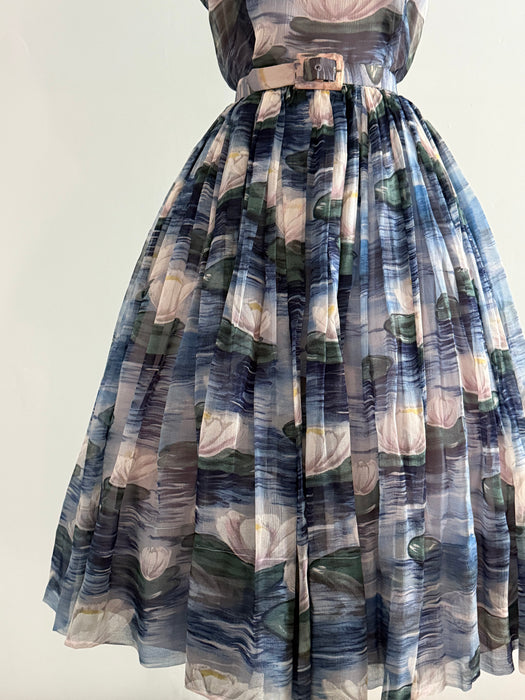 Sublime 1950’s Larry Aldrich Silk Chiffon Lily Pad Print Dress / SM