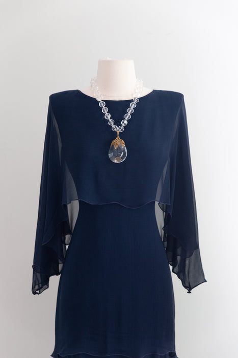Rare Vintage Holly’s Harp Navy Silk Chiffon Tiered Gown / M