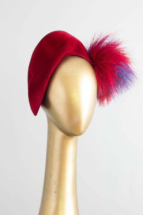 Stunning Scarlet Felt Hat with Feather Pom, circa late 1940s By Bernice Charles