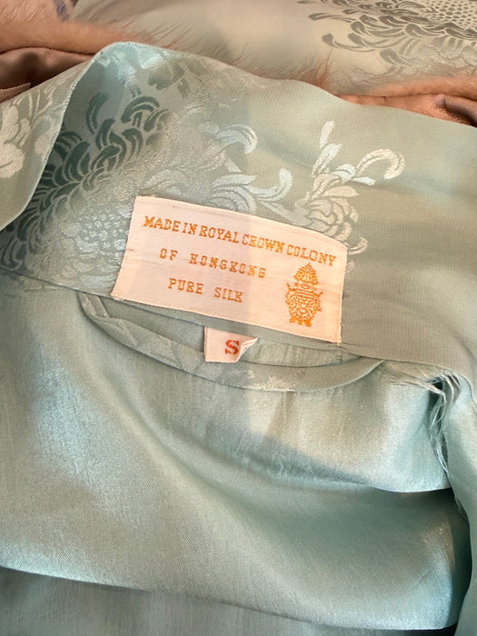 Vintage Celadon Silk Damask Robe with Mink Collar Made in Hong Kong circa 1950s–60s