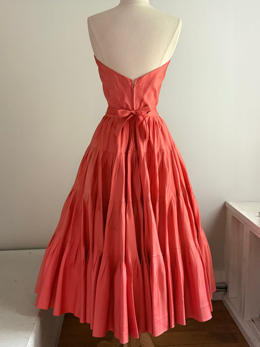 Spectacular 1950's Nettie Rosenstein Persimmon Silk Party Dress / S