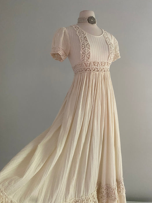 Ethereal 1970's Pin Tuck Pleated Cotton Gauze Wedding Dress With Crochet Accents / S