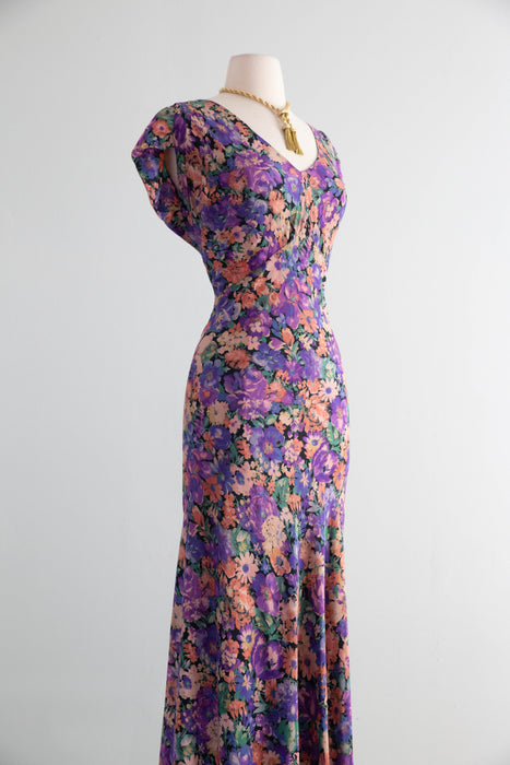 Exquisite 1930's FOGA Late Summer Floral Print Silk Bias Cut Gown / SM