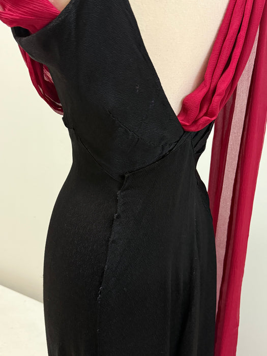 Rare 1930's Femme Fatale Liquid Black Satin Crepe Evening Gown With Crimson Sash / S
