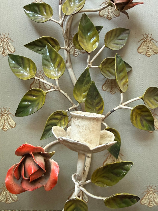 Beautiful Pair of Vintage Italian Rose Tole Candle Sconces