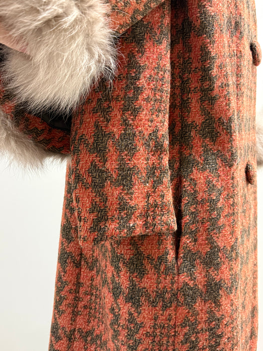 Fabulous Early 1960's Pumpkin Plaid Wool Coat With Fur Cape / M