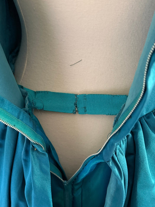 Exquisite 1950's Cerulean Blue Silk Satin Demi Couture Cocktail Dress By Mike Anthony / M