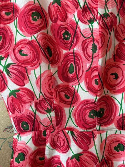 Fabulous Late 50's Pink & Red Abstract Rose Print Silk Dress / SM