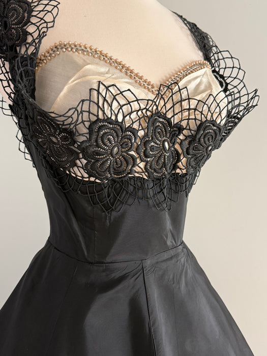 Wicked 1950's Black Cocktail Dress With Dramatic Bodice / S