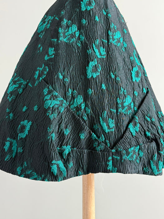 Fabulous 1950s Estevez Black & Emerald Textured Brocade Cocktail Dress / S