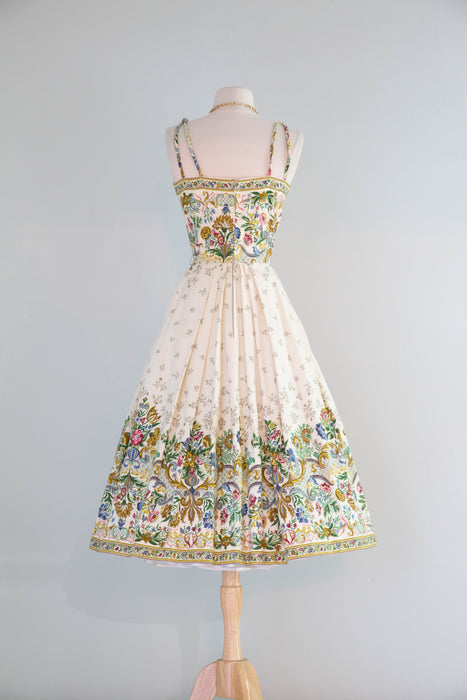 Breathtaking 1950’s Couture Party Dress in a Baroque Inspired Border Print / M
