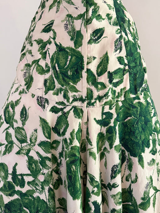 Gorgeous 1950's Emerald Rose Print Party Dress By Estevez / Small