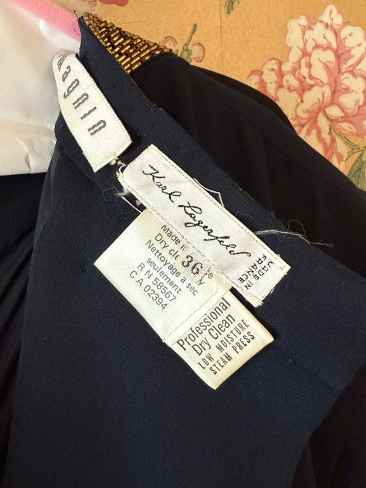 Elegant 1980s Karl Lagerfeld Navy Blue Silk Evening Gown With Gold Beading / M