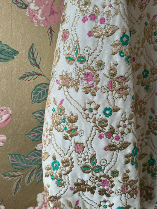 Spectacular 1960's Golden Floral Brocade Maxi Coat With Rhinestone Buttons / SM