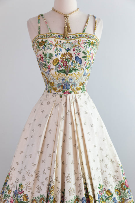 Breathtaking 1950’s Couture Party Dress in a Baroque Inspired Border Print / M