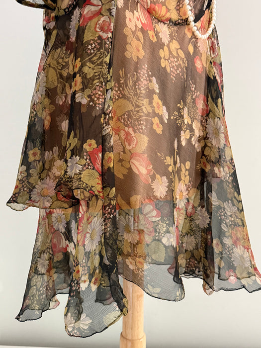 Gorgeous 1920's Autumn Floral Silk Chiffon Afternoon Dress / M