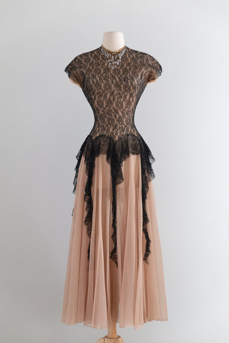 Fabulous Late 1940’s Peggy Hunt Original Illusion Lace  Evening Dress / Sm