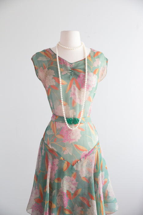 Exquisite Late 1920’s Green Silk Hydrangea Print Dress And Jacket Set / S