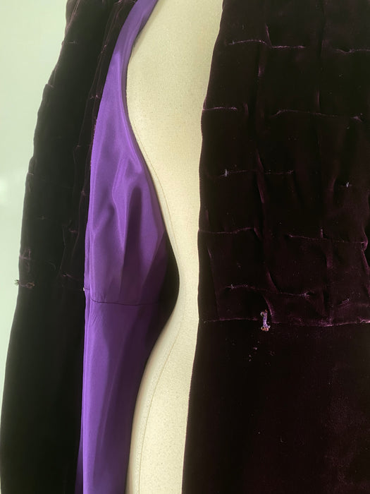 Rare 1930's Aubergine Silk Velvet Maxi Coat With Silk Lining / SM