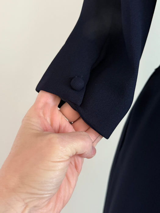 Elegant Early 1950's Navy Blue Rayon Dress With Embellished Pearl Collar & Pockets / SM