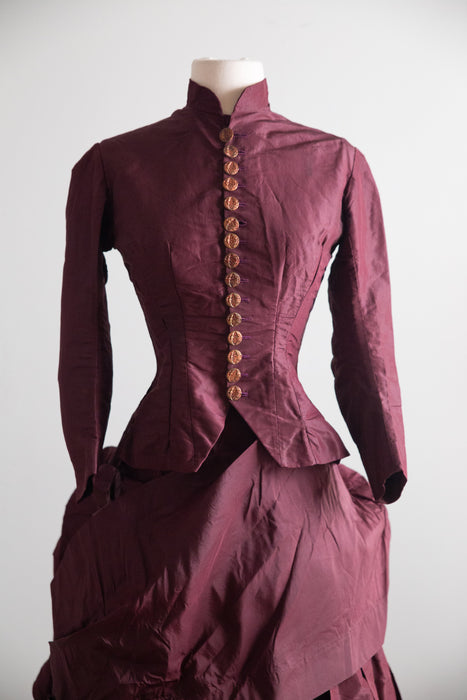 Antique 1880s Bustle Era Two-Piece in Aubergine Silk Taffeta with Celestial Buttons / XS