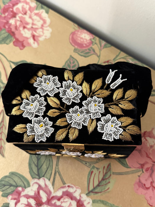 Beautiful 1960s Black Velvet Box Bag with Beaded Floral Embroidery