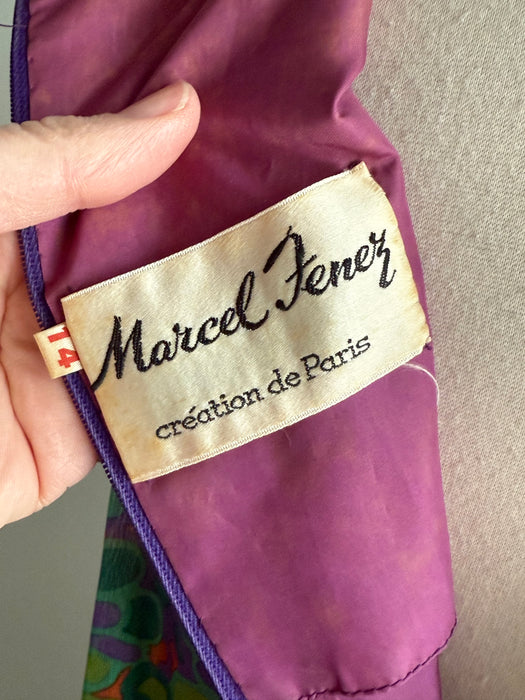 Fabulous 1960's Peacock Silk Trapeze Style Dress By Marcel Fenez of Paris / M