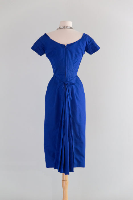 Stunning 1950's Cobalt Blue Sculpted Silk Cocktail Dress with Fan Back / S