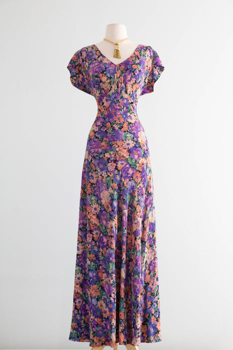 Exquisite 1930's FOGA Late Summer Floral Print Silk Bias Cut Gown / SM