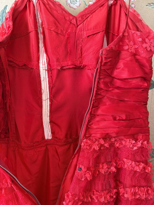 Heart-Stopping 1950's Scarlet Red Ruffled Tulle Formal Gown By Emma Domb / S