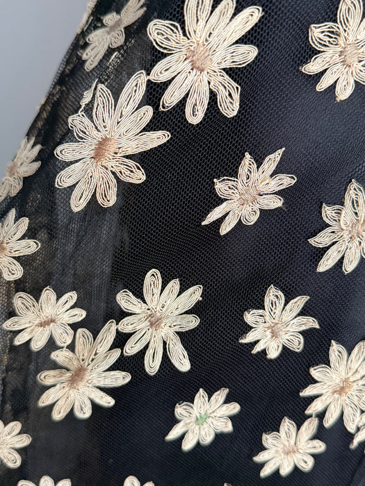 Divine 1930's Daisy Embroidered Black English Net Sheer Evening Dress / M