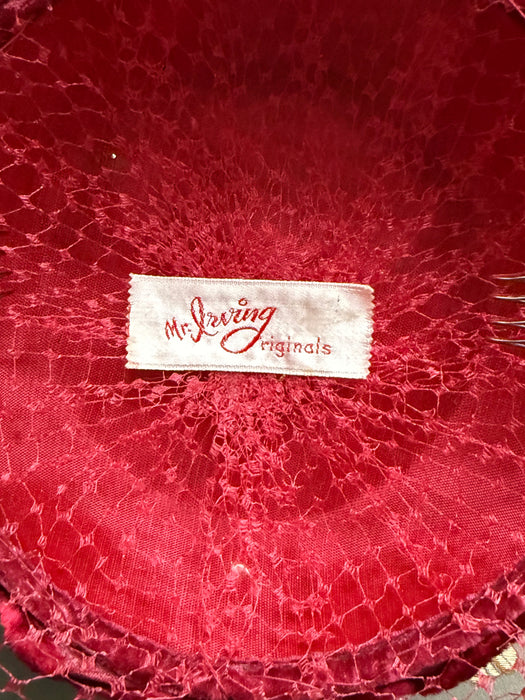 Scrumptious 1950's Red Panne Velvet Rose Bud Cocktail Hat By Mr. Irving
