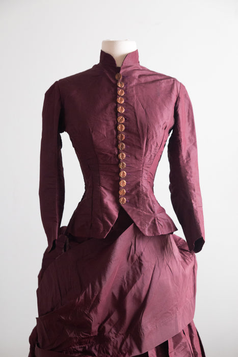 Antique 1880s Bustle Era Two-Piece in Aubergine Silk Taffeta with Celestial Buttons / XS