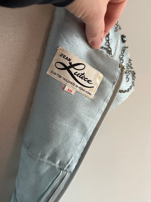 Stunning 1960's Mirror Blue Shantung Silk Beaded Evening Gown / M