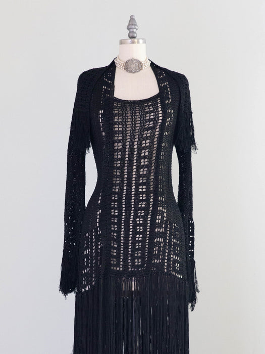 Sinuous 1920’s Black Silk Geometic Crochet Fringed Evening Dress Robe / Small