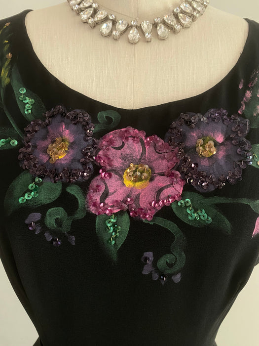 Stunning & Rare 1940's Rayon Evening Gown With Hand Painted Floral Motif / XS