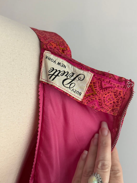 Glamourous 1950s Suzy Perette Magenta & Orange Silk Cocktail Dress /SM