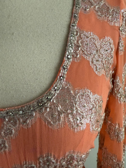 Fabulous 1960's Beaded Chiffon Evening Gown In Pumpkin Bisque / Small