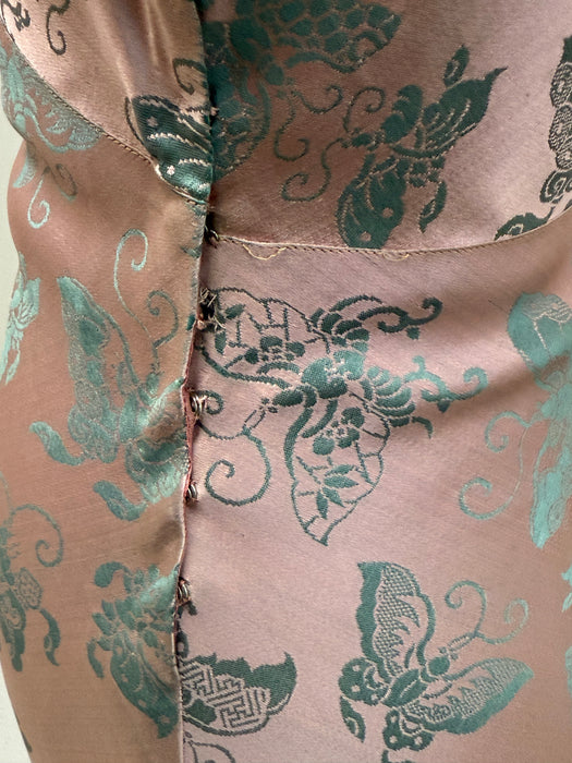 Sublime 1930's Pale Pink & Teal Butterfly Silk Bias Cut Gown / XS