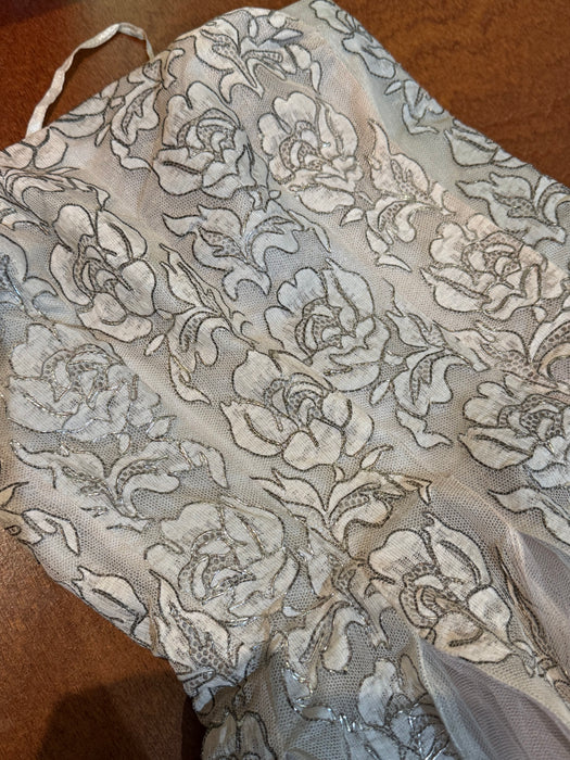 Breathtaking 1950s Strapless Party Dress with Metallic Silver Rose Lace and Pale Blue & Blush Tulle Gored Skirt / XS