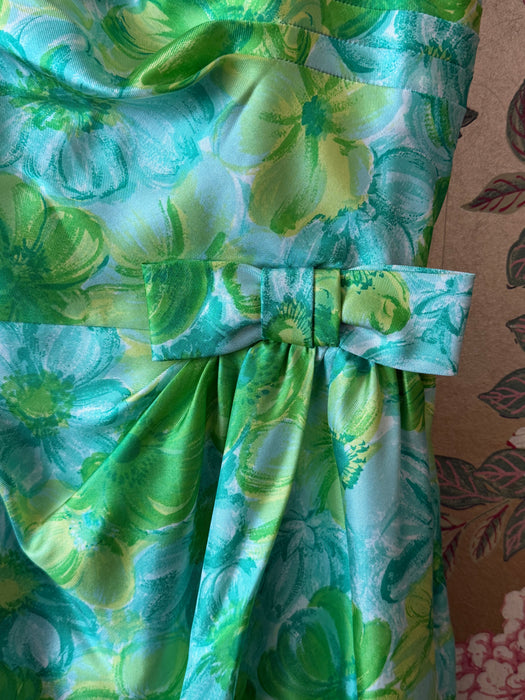 Elegant Late 1950's Silk Watercolor Floral Print Dress by Miss Brooks / M