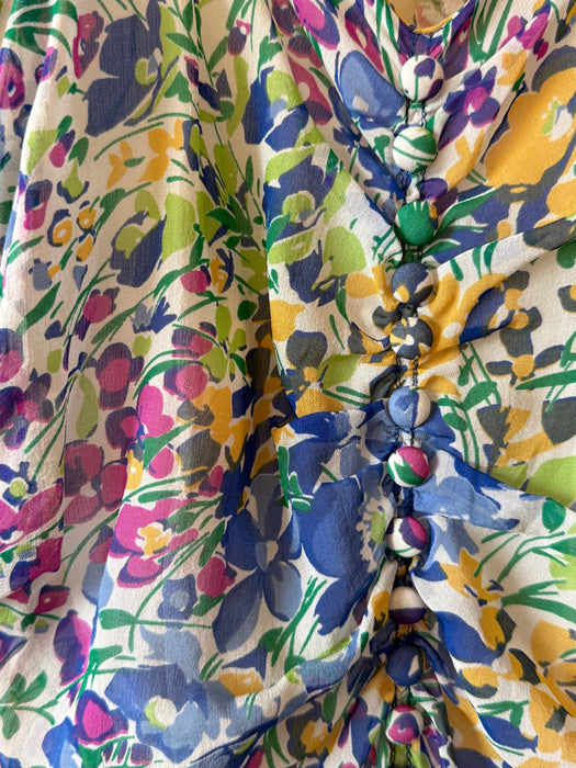 Exquisite 1930's Impressionist Spring Floral Gown In Silk Chiffon / S