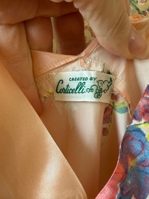Dreamy 1940's Bias Cut Peach Satin Slip Dress With Floral Print By Corticelli / ML