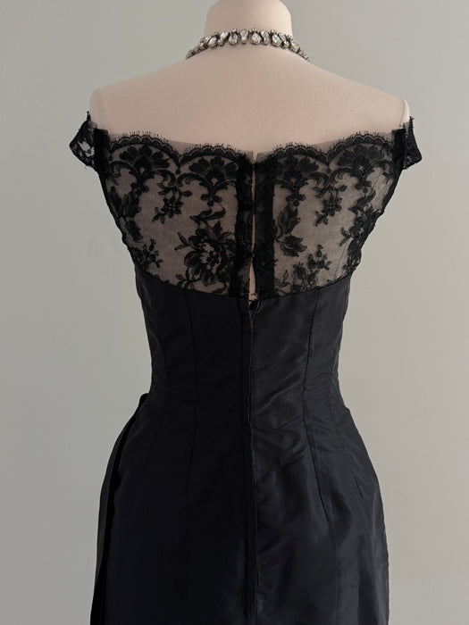 Glamorous 1950's Black Silk Taffeta Cocktail Dress By Milgrim / XS