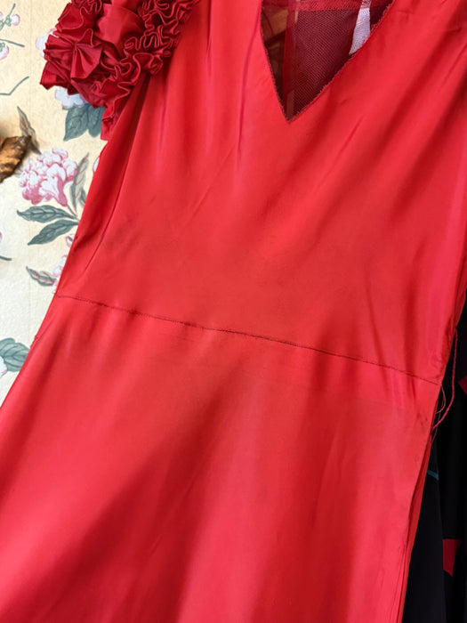 Fabulous 1930's Cherry Red Taffeta Flamenco Inspired Evening Gown / S