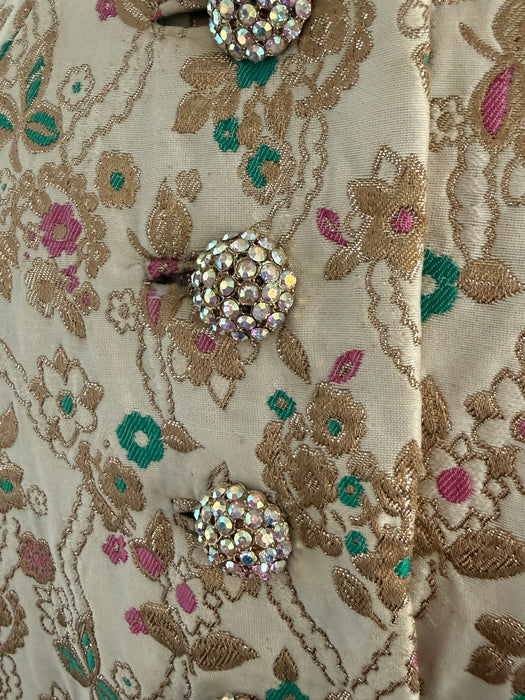 Spectacular 1960's Golden Floral Brocade Maxi Coat With Rhinestone Buttons / SM