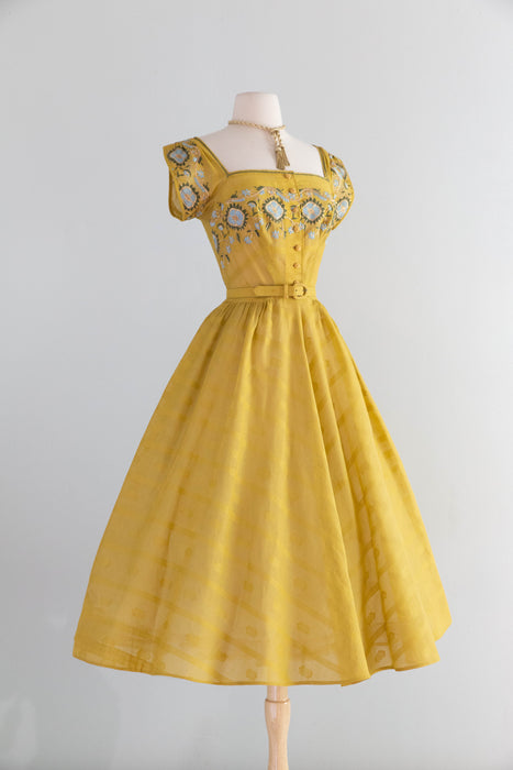 Iconic 1950’s Tina Leser Saffron Embroidered Cotton Dress / S