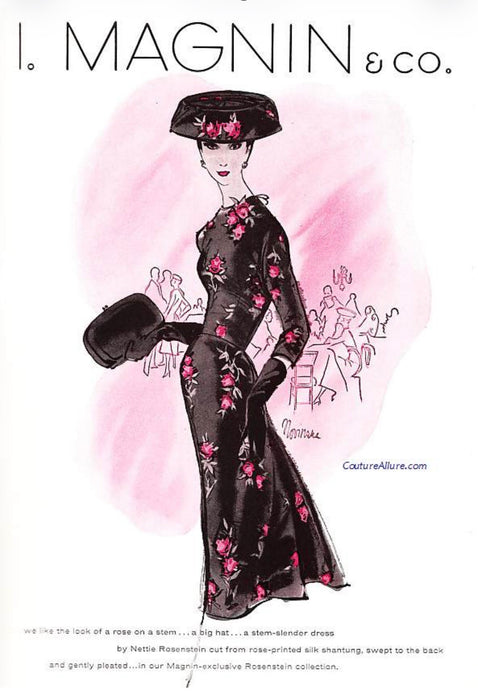 Documented 1956 Nettie Rosenstein Silk Rose Print Dress, as Advertised by I. Magnin / S