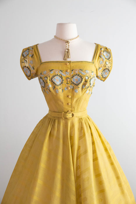Iconic 1950’s Tina Leser Saffron Embroidered Cotton Dress / S